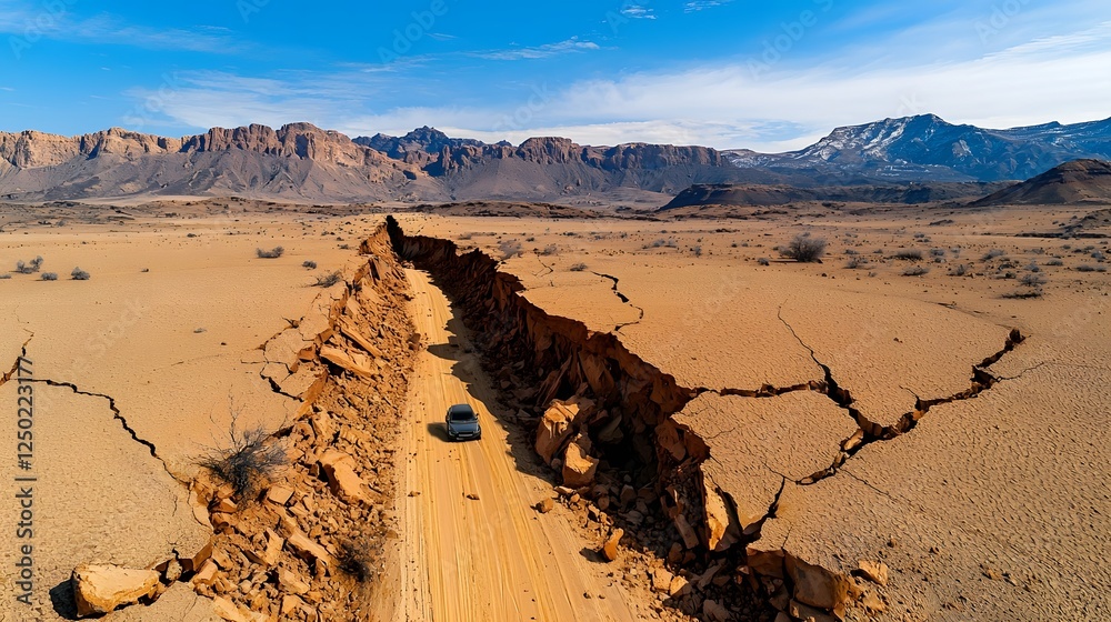 Poster Dramatic and rugged desert landscape with a deep fault line cracking open the arid parched terrain revealing the harsh and inhospitable yet scenic and iconic geology of the remote