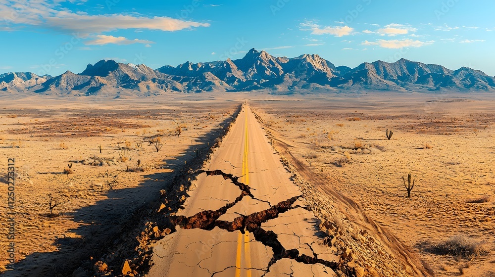 Poster dramatic desert landscape with a cracked barren road stretching out into the distance towards rugged