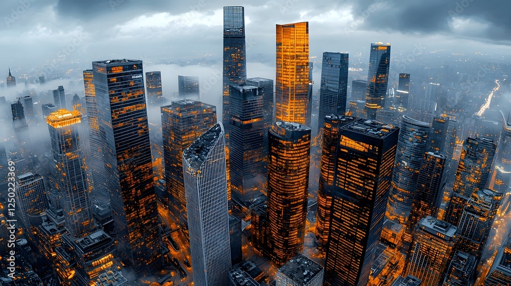 Poster dramatic nighttime cityscape with towering skyscrapers shaking violently as a powerful earthquake st