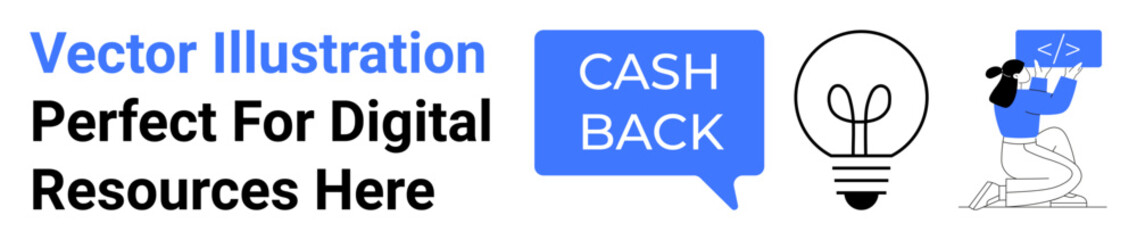 Cashback text bubble, glowing lightbulb for idea generation, individual coding on screen. Ideal for finance, tech, education, innovation, business creativity, user experience flat landing page