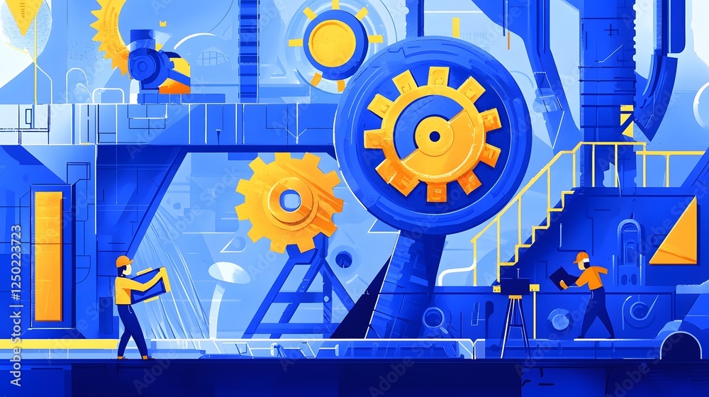 Poster futuristic factory scene with a worker likely a mechanic tightening a bolt on a fast moving producti