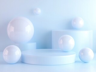 Minimalist design with white spheres and pedestals.