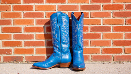 Blue cowboy boots against a brick wall