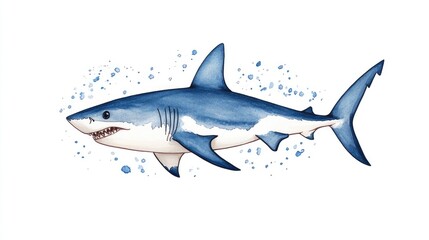 Obraz premium Illustration of a blue shark swimming amidst splashes of watercolors, showcasing marine life
