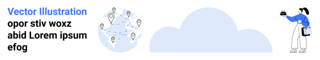 Woman taking photos, geolocation map with pinned locations, dotted connection paths, and cloud in the background. Ideal for technology, navigation, travel, cloud storage, networking geotagging flat