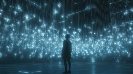 Contemplative Silhouette Man Gazing at Immersive Data Network Visualization in a Futuristic Environment.