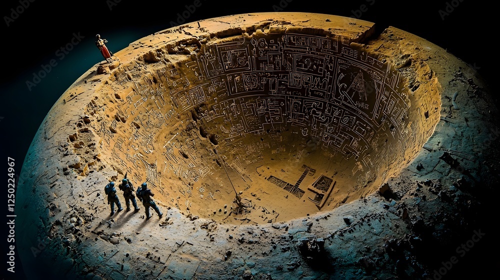 Poster mysterious and ancient vimana spacecraft cockpit interior filled with enigmatic otherworldly symbols