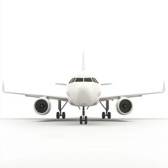 Front view of a white airplane on a runway.
