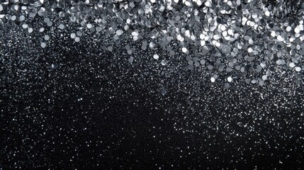 Obraz premium Luxurious Silver Glitter Cascade on Deep Black Background, Abstract Sparkling Texture for Festive Designs.