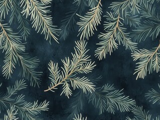 Elegant Watercolor Pine Branches Seamless Pattern on Dark Blue Background.