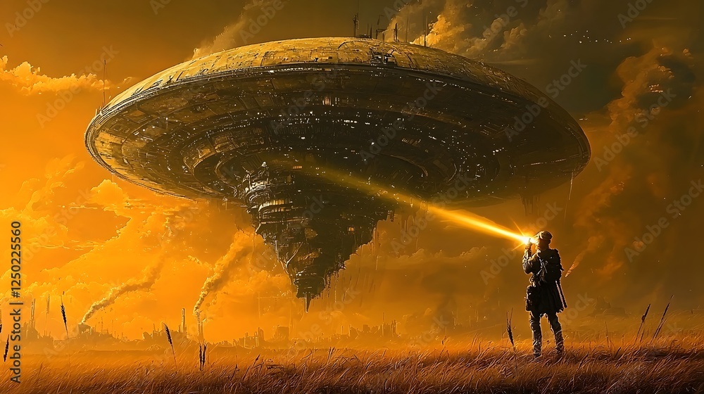 Poster scientist scanning an ancient mysterious alien artifact with a powerful laser beam in a surreal futu