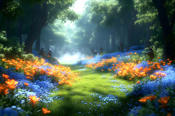 Obraz premium Magical Forest Pathway With Vibrant Flowers And Animals
