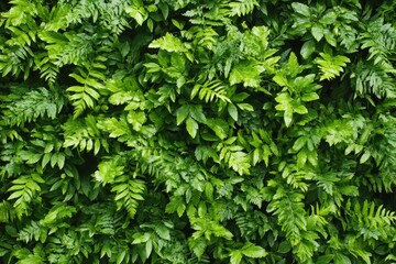 Lush Green Fern and Leaf Foliage Background, Vertical Garden Texture