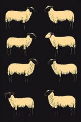 Sheep silhouettes, pattern, black background, farm scene