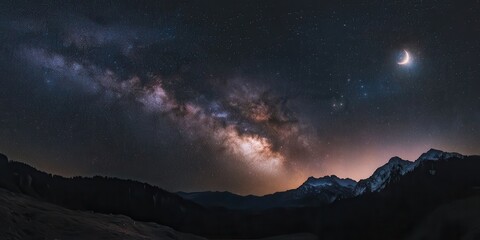 Majestic Milky Way and Crescent Moon over Snow-Capped Mountain Range at Night.