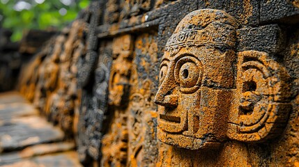 Weathered Ancient Stone Carvings Depicting Mythical Vimanas or Mysterious Aircraft Soaring in the Sky Mystical and Spiritual Architectural Ruins