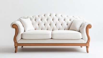 Elegant Vintage Chesterfield Sofa with Light Upholstery and Classic Wooden Frame in Bright Interior Setting