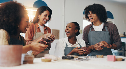 Woman, pottery and teacher with group, happy or sculpture for art, development or process for results. People, coach and laugh for creativity, excited or learning with diversity in course at workshop