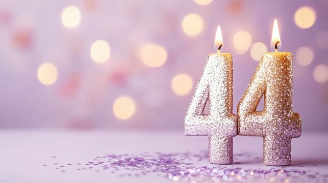 Celebratory Birthday Candles Shining Brightly, Marking a Special Milestone of 44 Years with Sparkling Elegance and a Touch of Festive Joy on a Soft Background