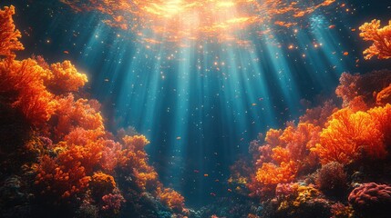 Fototapeta premium Vibrant underwater coral reef illuminated by sunlight with colorful marine life swimming