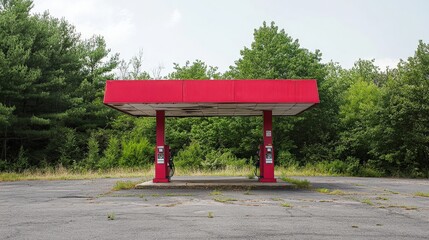 Abandoned Gas Station with Red Canopy Surrounded by Overgrown Trees and Grass