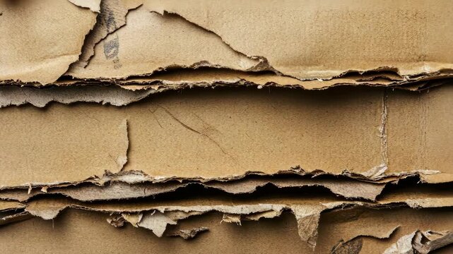 Textured close-up of crumpled brown cardboard revealing layers and creases during natural light exposure