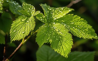 Fresh Green Leaves Sparkling with Morning Dew in Natural Sunlight, Close-Up