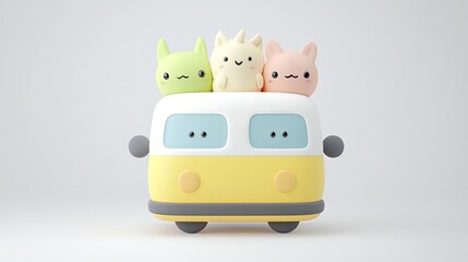 Cute cartoon-style creatures sitting on a colorful van, showcasing playful design in a minimalistic setting