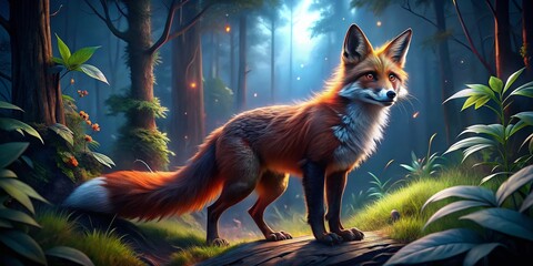 Majestic Red Fox in Night Forest - Night Photography Stock Image