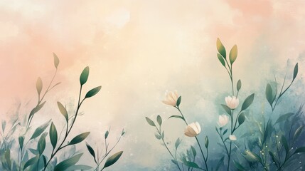 Delicate Floral Watercolor Background with Leaves and Copy Space.