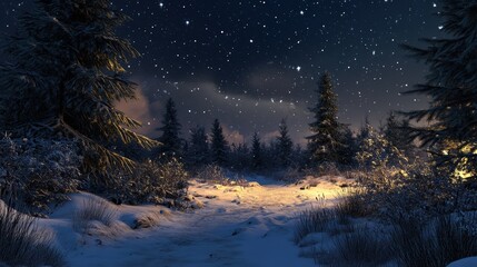 Snowy Forest Path at Night Under Starry Sky with Illuminated Ground.