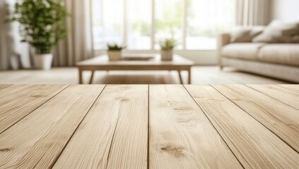 Empty wooden table in a bright living room