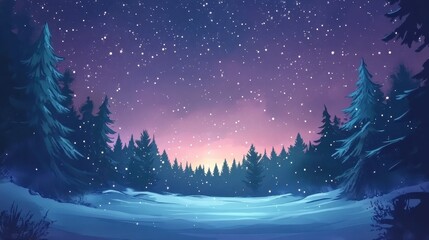 Naklejka premium Dreamy Winter Landscape with Snow-Covered Forest, Starry Night, and Pastel Sky Illustration