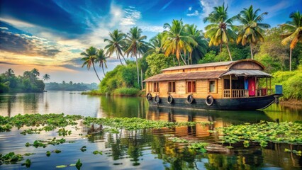 Obraz premium Traditional Houseboat floating serenely amidst lush greenery and vibrant water lilies on the tranquil backwaters of Alappuzha , nature, green