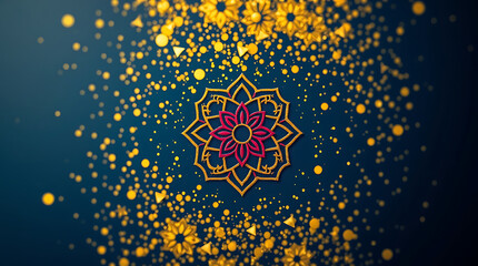 Vibrant complementary colors. Symbolic traditional tattoo art print, overhead bird’s eye view. Abstract dark blue and gold particle background with Christmas golden light bokeh, shining particles 
