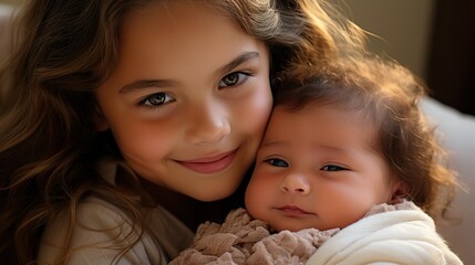 Joyful Moment of Big Sister Meeting Newborn Sibling for the First Time - Tender and Amazed Expression Captured in Photo