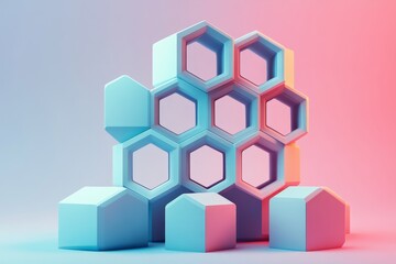 Abstract 3D rendering of stacked hexagonal layers with light effects. Surreal futuristic composition., Generative AI