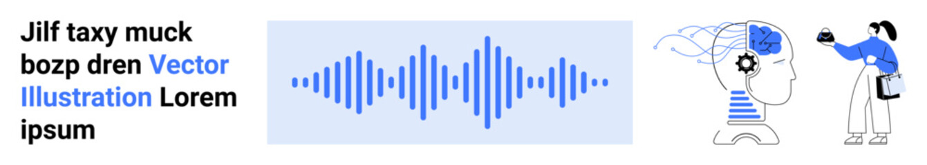 Obraz premium Brain with gear and waveforms representing AI and data analysis, researcher interacting with AI system. Ideal for technology, innovation, research, data science, machine learning, artificial
