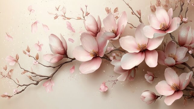 Delicate pink magnolia blossoms gracefully arranged on a soft beige background, evoking spring's beauty