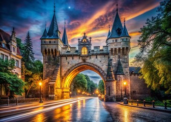 Fototapeta premium Majestic Vajdahunyad Castle Gates, Budapest, Hungary: Long Exposure Evening Photography