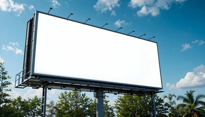 Fototapeta premium Blank Billboard Mockup: Large Empty White Sign Against Blue Sky with Clouds