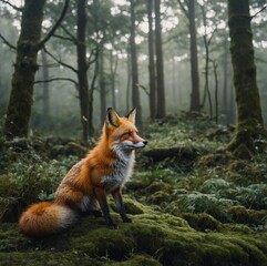 "A fairy-tale fox wearing a tiny crown, sitting on a mossy throne in a magical woodland."
