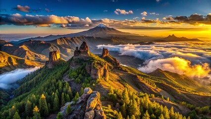 Majestic Volcanic Peaks of Canary Islands: Roque Nublo and Teide Aerial View