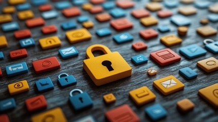Colorful digital icons representing security and technology on a wooden surface, showcasing various functions
