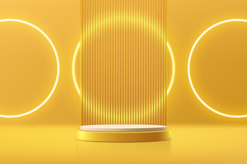 3D yellow round podium background with glow circle neon light. Abstract composition minimalist design. Studio display showroom cosmetic stand product pedestal, Fashion stage showcase mockup wall scene