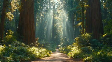 Serene forest path illuminated by sunlight filtering through towering trees and lush greenery