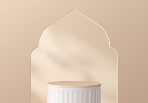 3D beige podium background with gate mosque shape in Ramadan Kareem concept. Abstract composition in minimalist design. Studio display showroom cosmetic stand product pedestal, Fashion stage showcase.