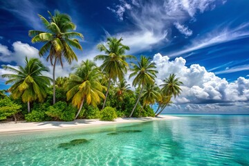 Obraz premium Maldives Paradise: Panoramic View of Palm Trees, White Sand Beach, and Turquoise Ocean under Sunny Sky