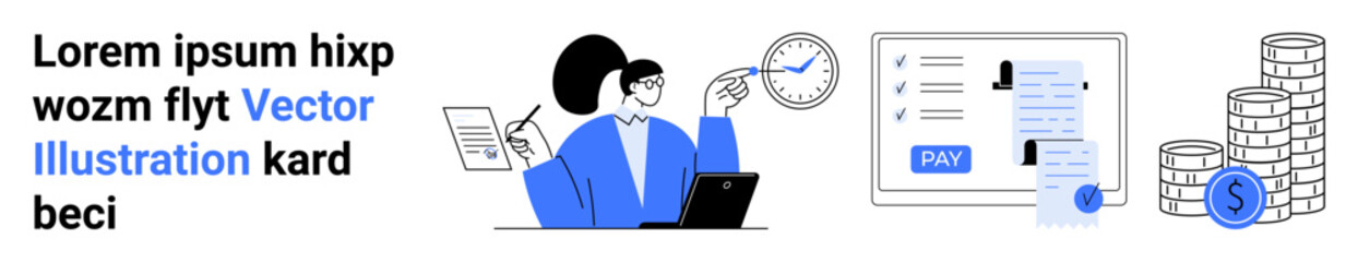 Professional woman interacting with tasks, clock symbolizing time management, digital payment receipt, and stacked coins representing financial gains. Ideal for finance, time management