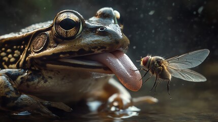Close Encounter Between a Frog and a Fly Near a Calm Water Source at Dawn